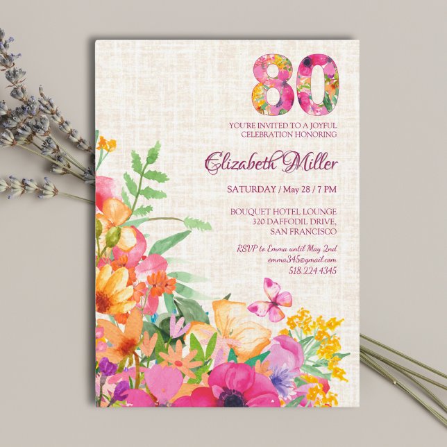 80 Years Flowers Floral Linen 80th Birthday Invitation (Creator Uploaded)