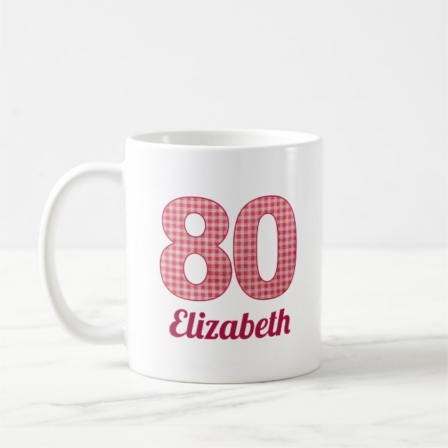 80 years gift pink chequered 80th birthday custom coffee mug (Left)