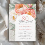 80 Years Loved Feminine Floral 80th Birthday Invitation<br><div class="desc">With elegance and charm, this peach and white watercolor floral birthday invitation celebrates "80 Years Loved". It's a beautiful sentiment to remind the guest of honour just how much they are loved and admired. The lovely invitation features a beautiful bouquet of peach and ivory white watercolor peonies, eucalyptus and trailing...</div>