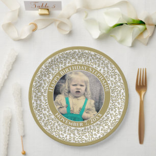 80 Your Photo Random Number Pattern Gold/White Paper Plate