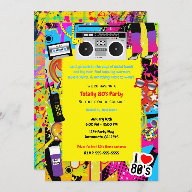 80's 1980s Yellow Retro Theme Birthday Party Event Invitation (Front/Back)