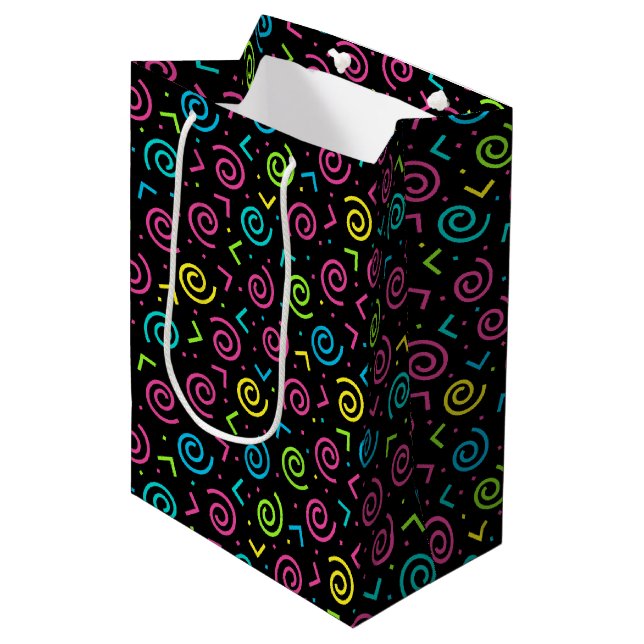 80's/90's Black & Neon Doodle Pattern Medium Gift Bag (Front Angled)