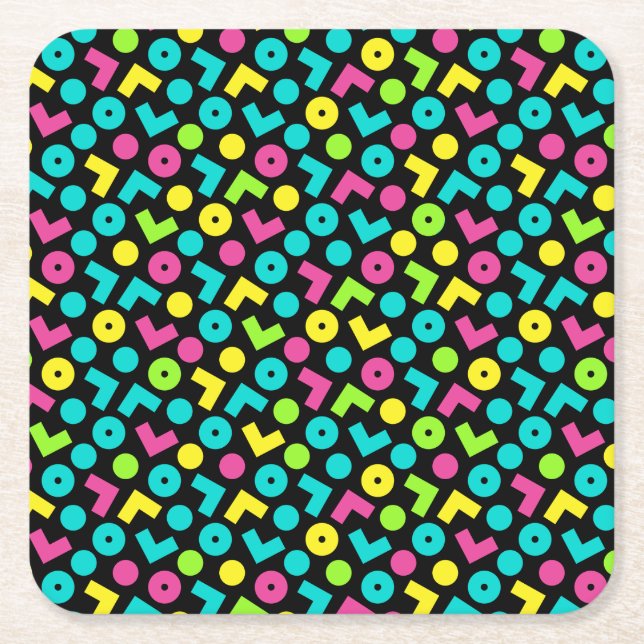 80's/90's Black & Neon Pattern Square Paper Coaster (Front)