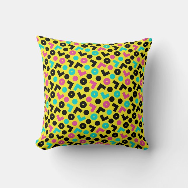 80's/90's Black & Neon Yellow And Blue Pattern Cushion (Front)
