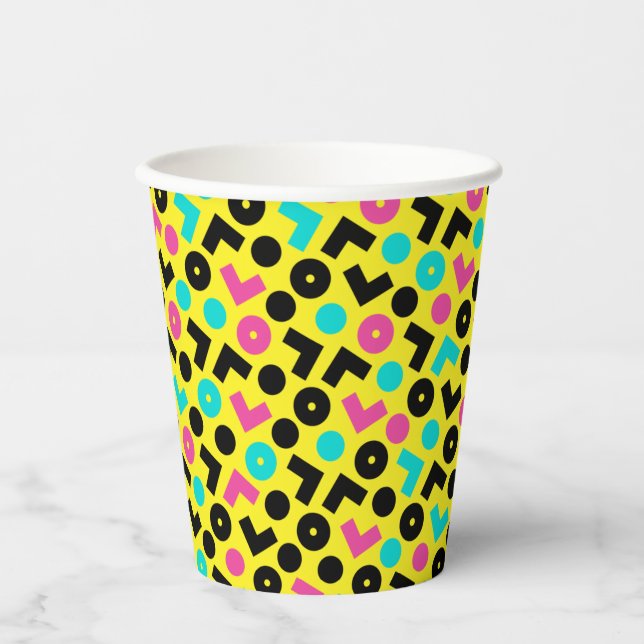 80's/90's Black & Neon Yellow And Blue Pattern Paper Cups (Front)