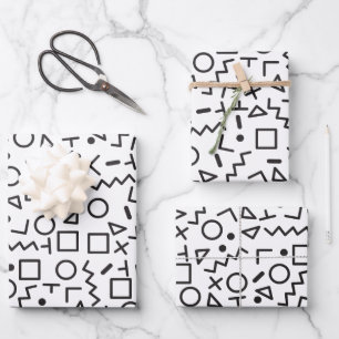 80's 90's Black & White Retro Shapes Pattern  Wrapping Paper Sheet