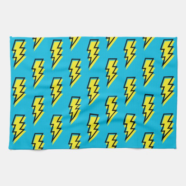 80's/90's Neon Blue Yellow Lightning Bolt Pattern Tea Towel (Horizontal)