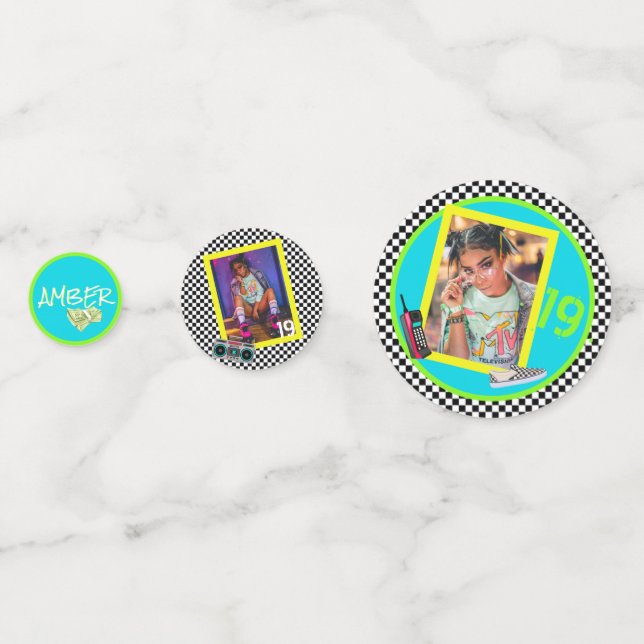 80's/90's Neon Chequerboard|3 Photos & Age Retro Confetti (Fronts)