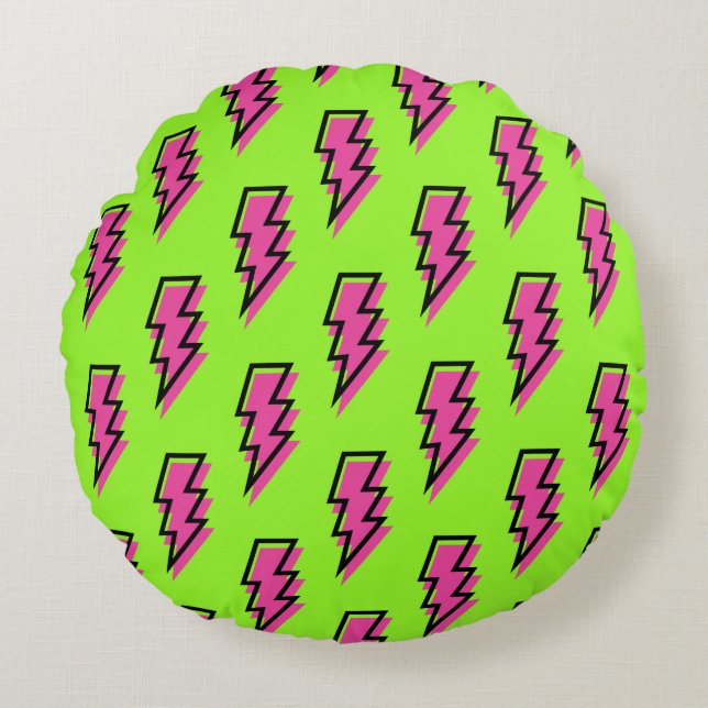 80's/90's Neon Green & Pink Lightning Bolt Pattern Round Cushion (Front)