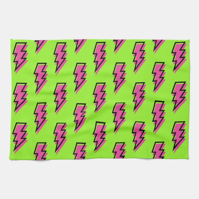 80's/90's Neon Green & Pink Lightning Bolt Pattern Tea Towel (Horizontal)