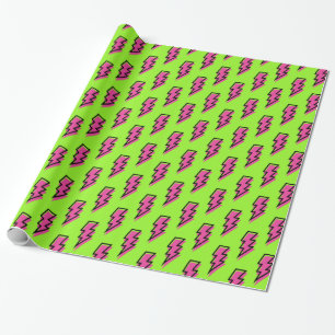 80's/90's Neon Green & Pink Lightning Bolt Pattern Wrapping Paper