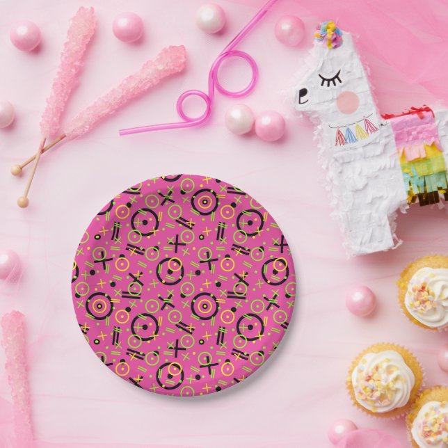80's/90's Neon Pink And Blue Doodle Pattern Paper Plate (Party)