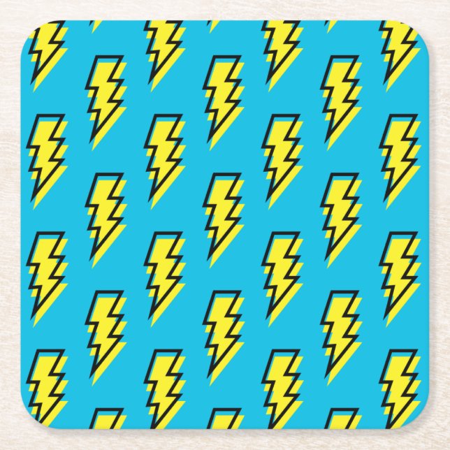 80's/90's Pattern Fun Blue Yellow Bolt Neon Retro Square Paper Coaster (Front)