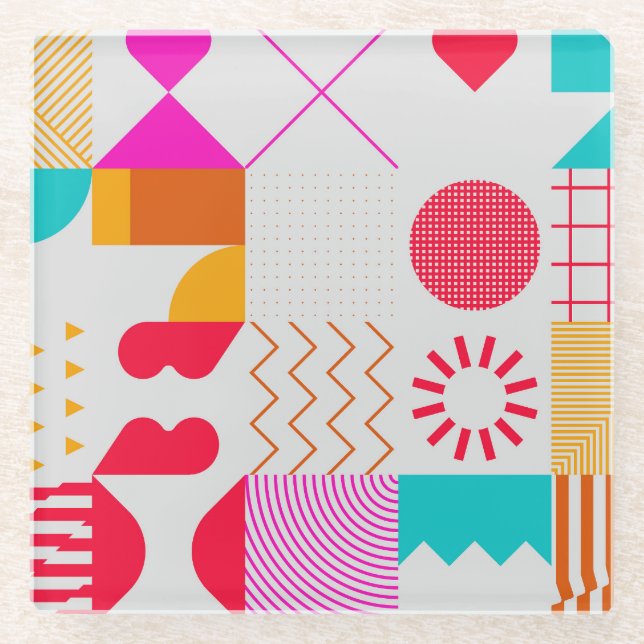 80s-90s Trendy Geometric Background Glass Coaster (Front)
