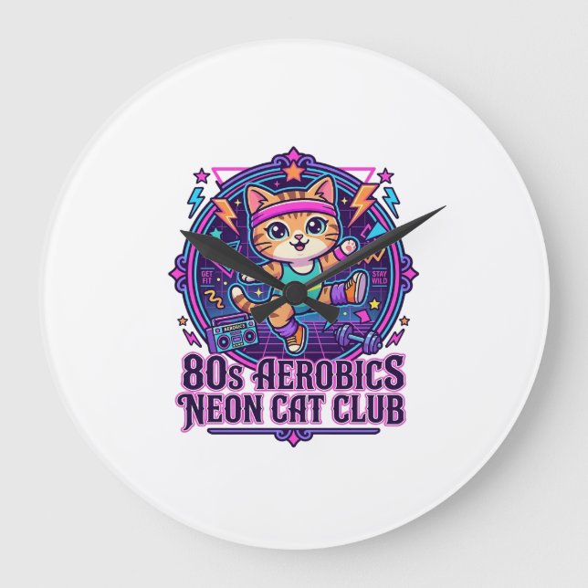 80s Aerobics Neon Cat Funny Cat Lover Design - 80s Large Clock (Front)