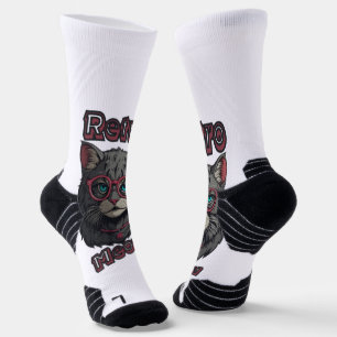 80s Anime-Inspired Grey Cat Illustration Socks