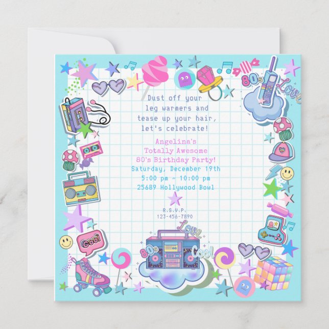 80's birthday party theme retro  invitation (Front)