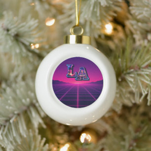 80s California Style Neon LA Typography Art Ceramic Ball Christmas Ornament