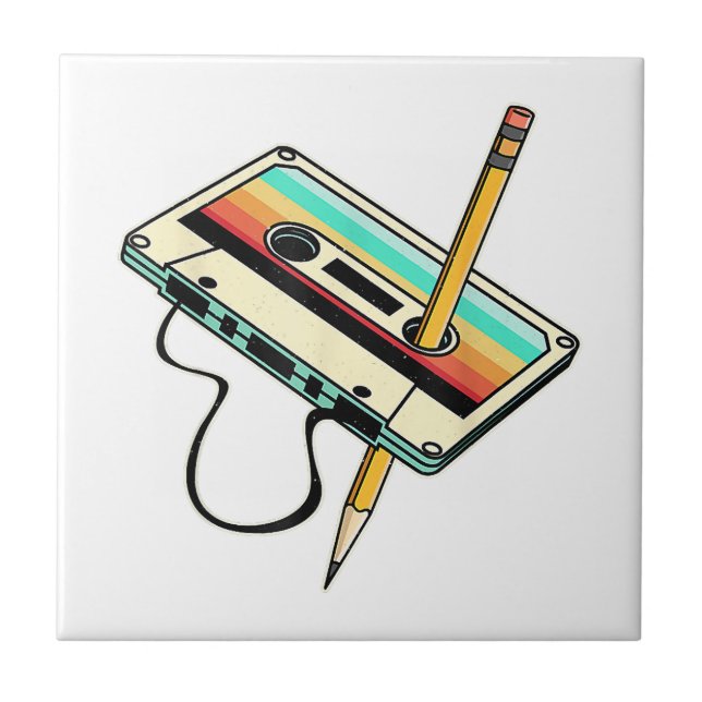 80s Cassette Tape Pencil 1980s Retro Vintage Throw Tile (Front)