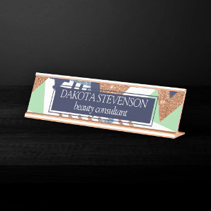 80s Colour Abstract   Navy Rose Gold Mint 90s Desk Name Plate