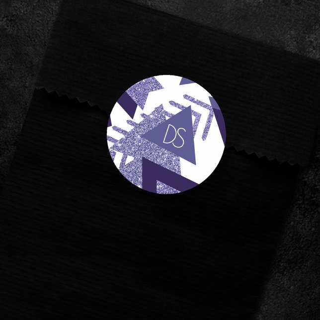 80s Cool Abstract | Purple Passion Shapes Monogram Classic Round Sticker (Creator Uploaded)