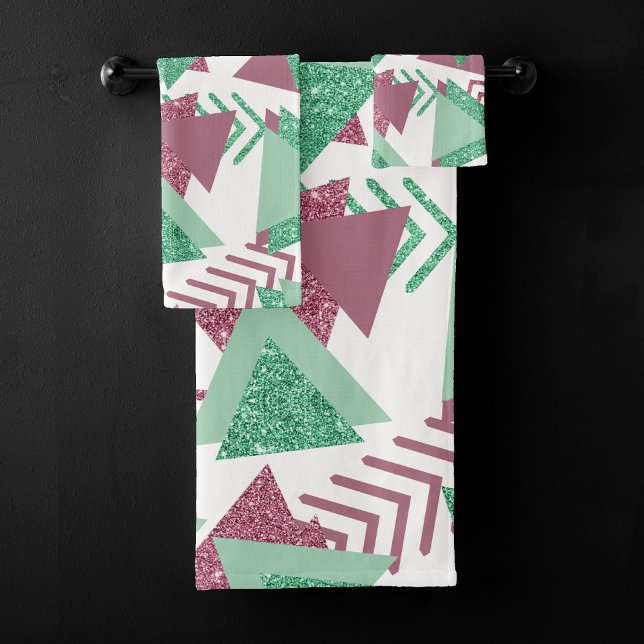 80s Fresh Abstract | Pink and Green Shapes Pattern Bath Towel Set (Creator Uploaded)