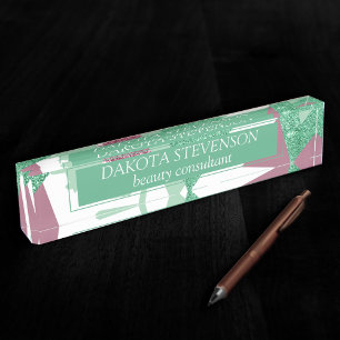 80s Fresh Abstract   Pink and Green Shapes Pattern Nameplate