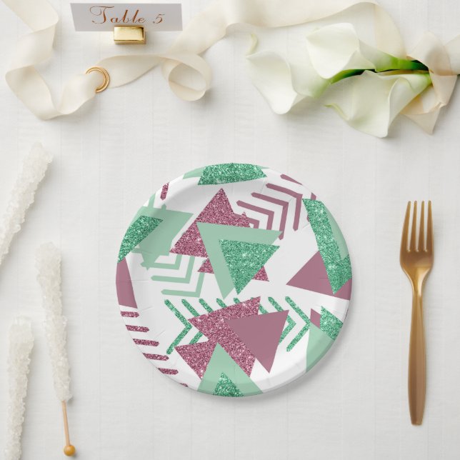 80s Fresh Abstract | Pink and Green Shapes Pattern Paper Plate (Wedding)