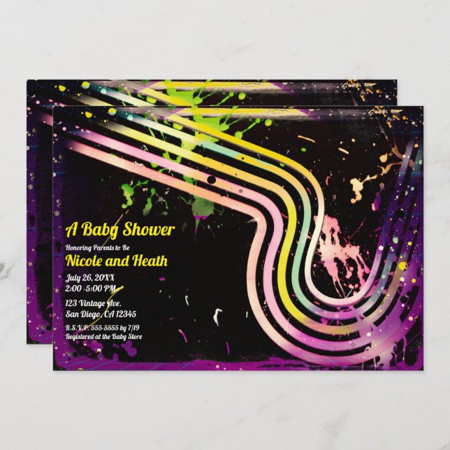 80's Grunge Colour Splatter Retro Baby Shower Invitation (Front/Back)