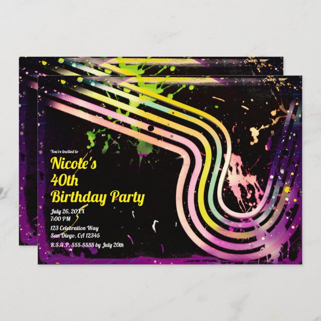 80's Grunge Colour Splatter Retro Birthday Party Invitation (Front/Back)