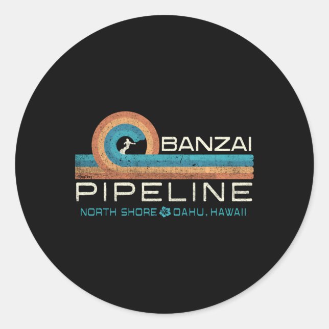 80'S Hawaii Surfing Banzai Pipeline Classic Round Sticker (Front)
