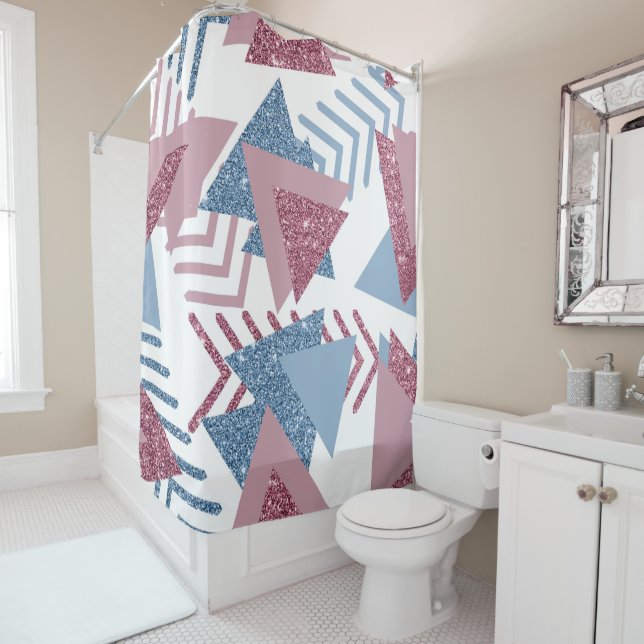 80s Lunar Abstract | Dusty Mauve Pink and Blue Shower Curtain (In Situ)