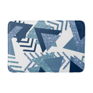 80s Luxe Abstract   Turquoise and Navy Blue Shapes Bath Mat