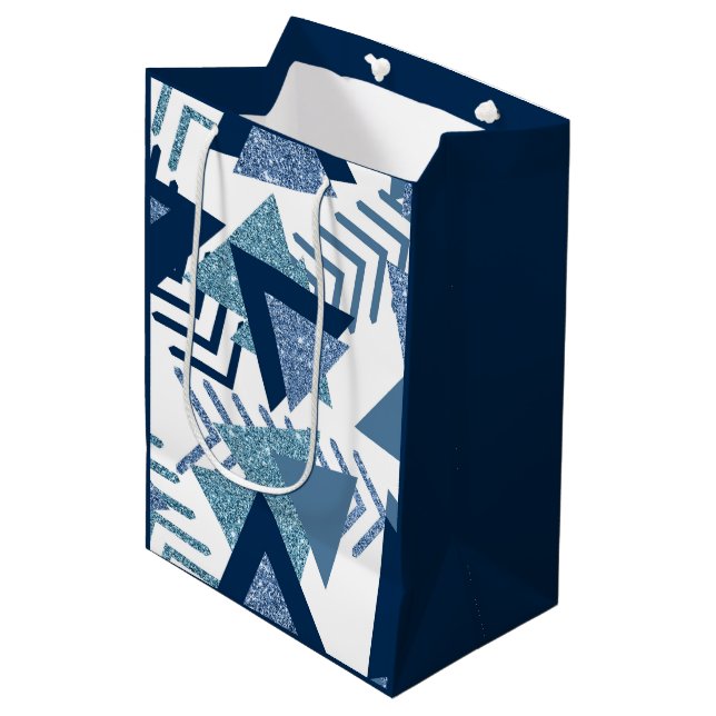 80s Luxe Abstract | Turquoise and Navy Blue Shapes Medium Gift Bag (Front Angled)