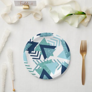 80s Luxe Abstract Turquoise and Navy Blue Shapes Paper Plate