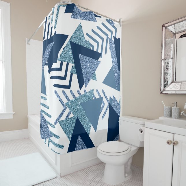 80s Luxe Abstract | Turquoise and Navy Blue Shapes Shower Curtain (In Situ)