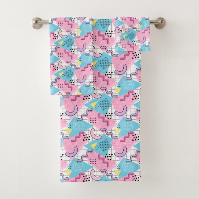 80's Memphis Active Pink Light Blue Bath Towel Set (Insitu)