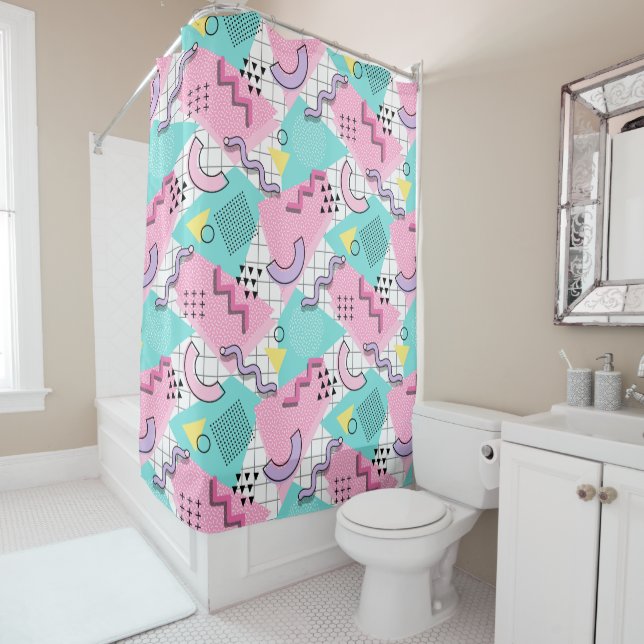 80's Memphis Active Pink Turquoise Shower Curtain (In Situ)