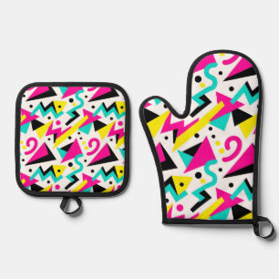 80s Memphis Geometric Pattern Oven Mitt & Pot Holder Set