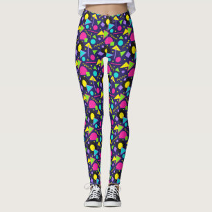 80s Memphis Neon Shapes Pattern on Navy Blue Leggings
