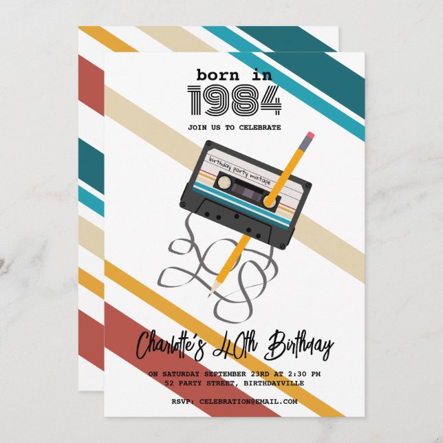 80s Music Retro Cassette Tape 40th Forty Birthday Invitation (Front/Back)