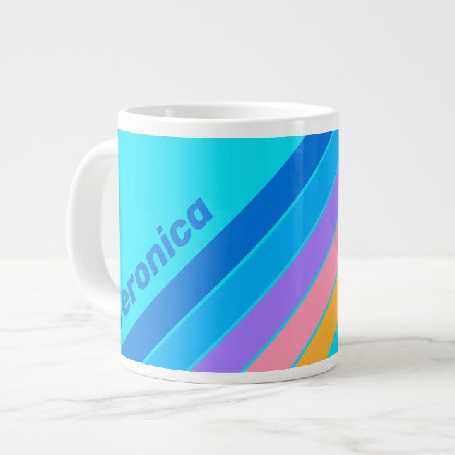 80s Neon Ocean Sky Stripes with Name Large Coffee Mug (Front Left)