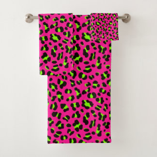80s Neon Pink Fuchsia and Lime Green Leopard Bath Towel Set