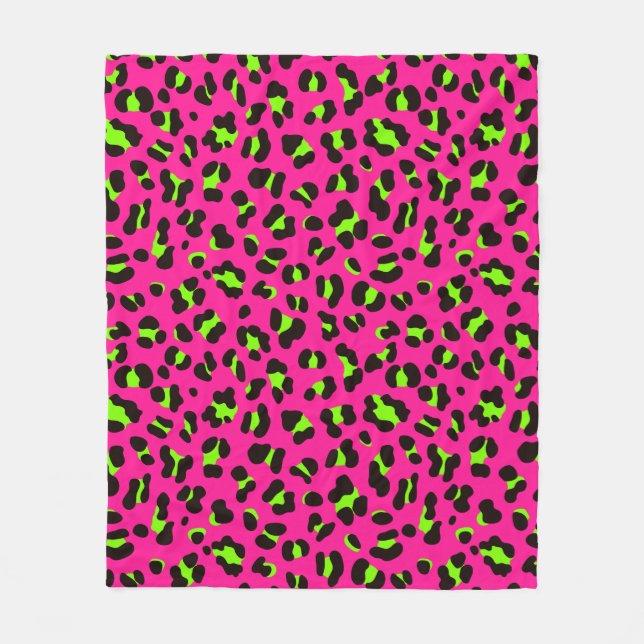 80s Neon Pink Fuchsia and Lime Green Leopard Fleece Blanket (Front)
