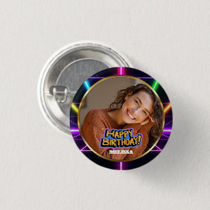80s Neon Retro Custom Photo & Name Happy Birthday 3 Cm Round Badge