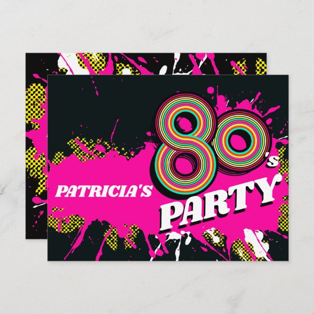 80's Party birthday or event retro pink invites (Front/Back)
