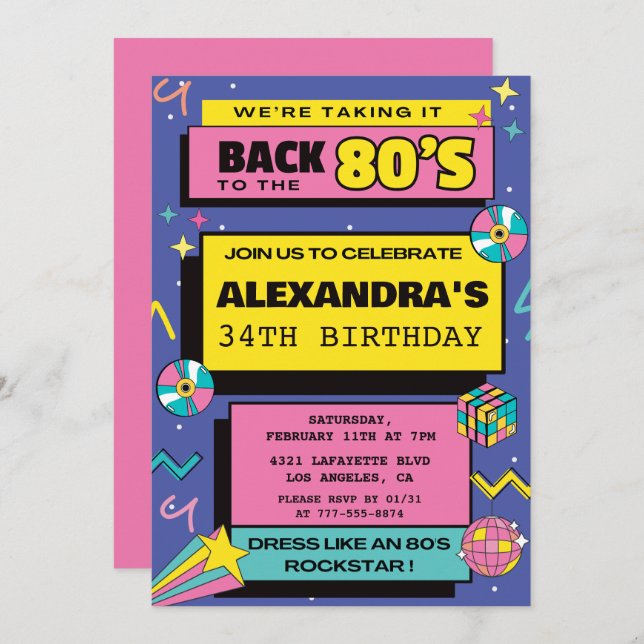 80s party Budget Retro 34th birthday invitations (Front/Back)
