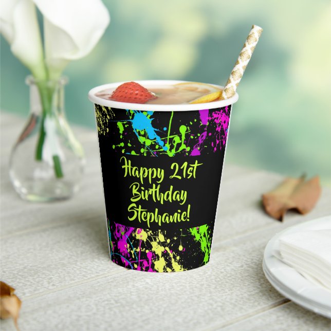 80s Party Retro Neon Paint Splatter Personalised Paper Cups (Insitu)