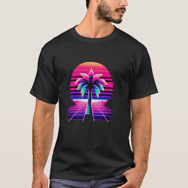 80s Pixel Art Sunset & Palm Tree Retro 8 Bit Vinta T-Shirt (Front)
