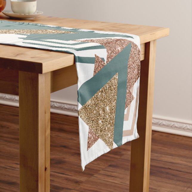 80s Retro Abstract | 70s Green and Gold Palette Short Table Runner (In Situ)